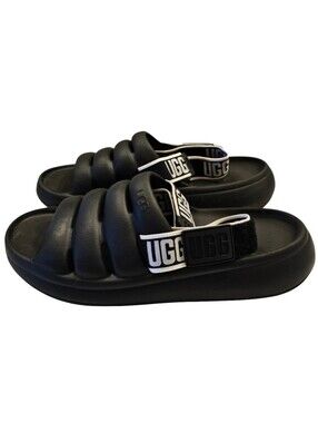UGG Women's Sport Yeah Black Puffy Slide Sandals with Velcro Logo Strap